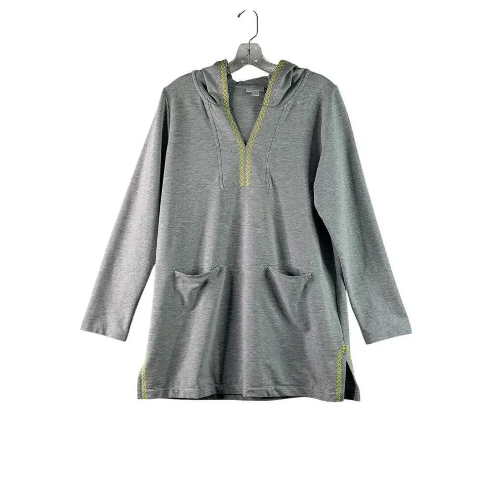 J. Jill Fit Long Sleeve Hoodie Embroidered Pullover Knit Tunic Gray Yellow Med